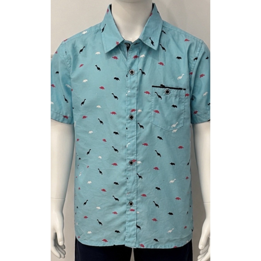 CRAFT FLOW Boys Short Sleeve Shirt Size 6 7 Dinosaurs Teal/Blue Button Up